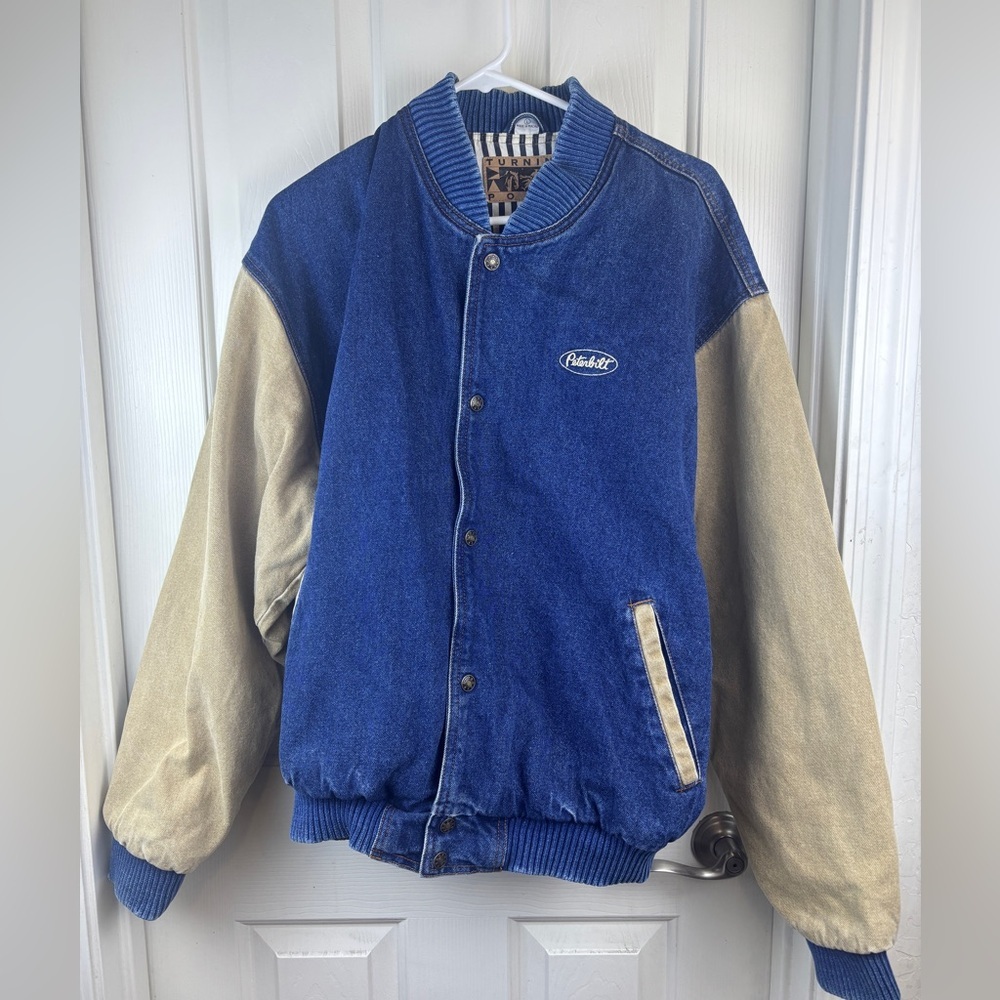 Vintage 90s Denim Bomber Jacket Mens  Large Embroidered Peterbilt turning point